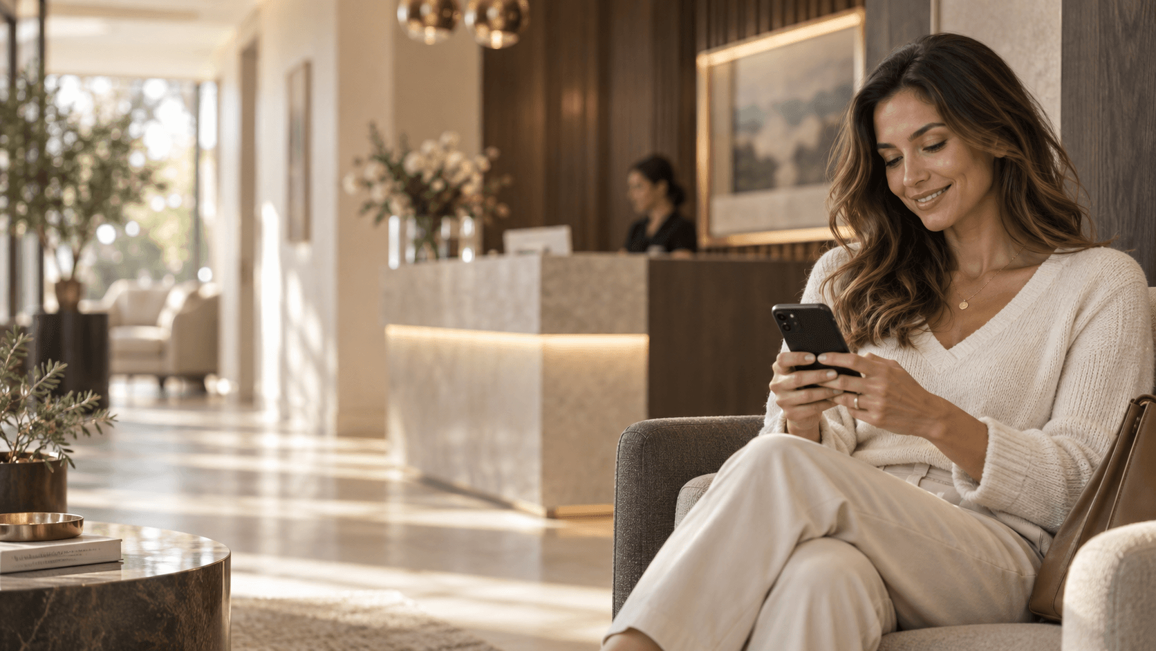 A patient comfortably using a phone in a bright dental waiting room