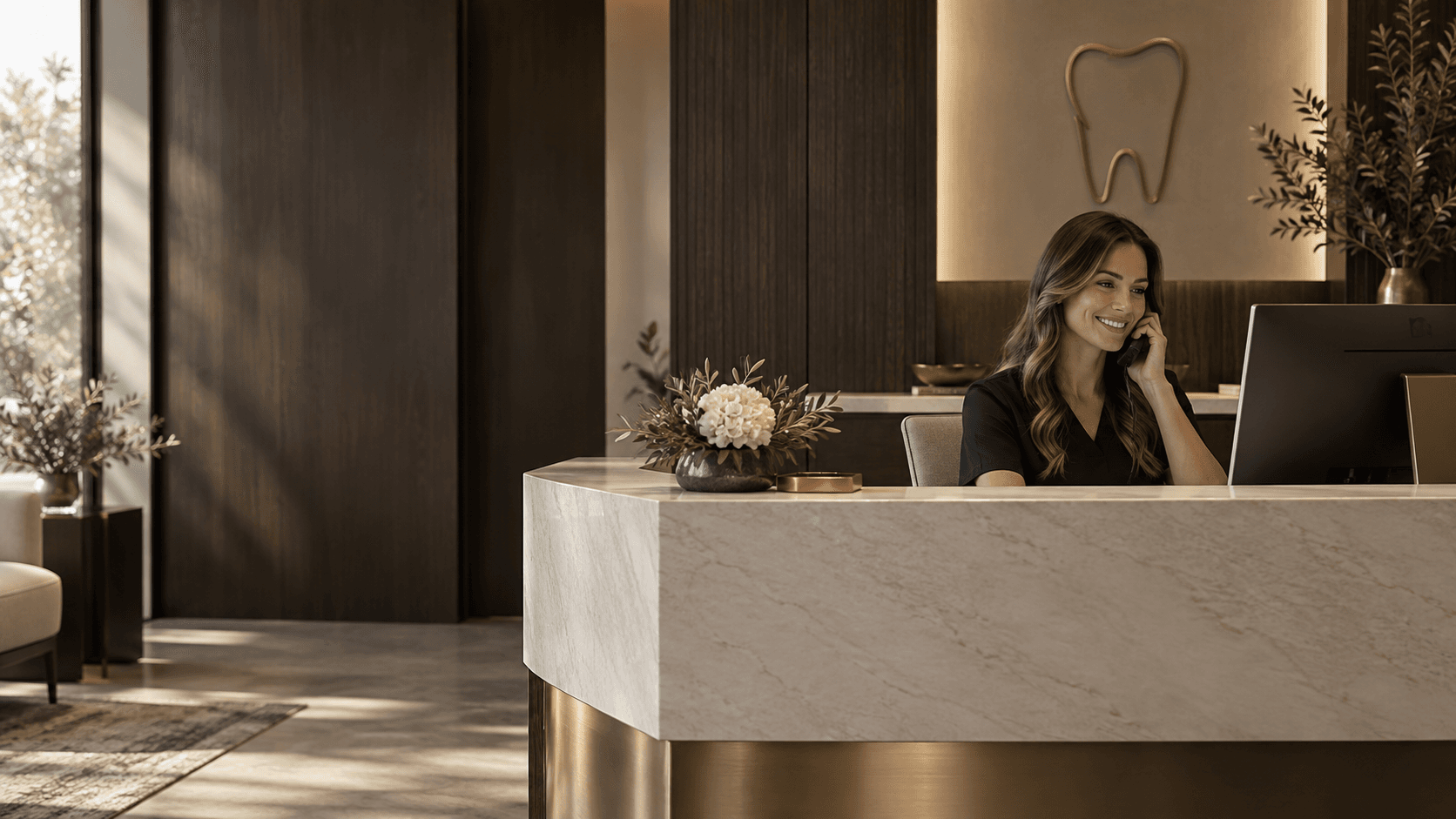 A welcoming dental front desk with a team member ready to help