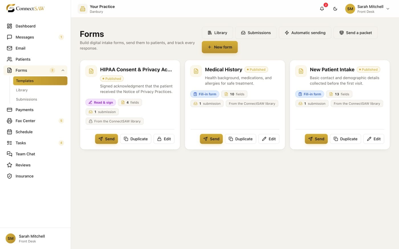The ConnectSAW Forms screen shows three published templates: HIPAA Consent, Medical History and New Patient Intake. Each has its field count, submissions, and send, duplicate and edit actions.