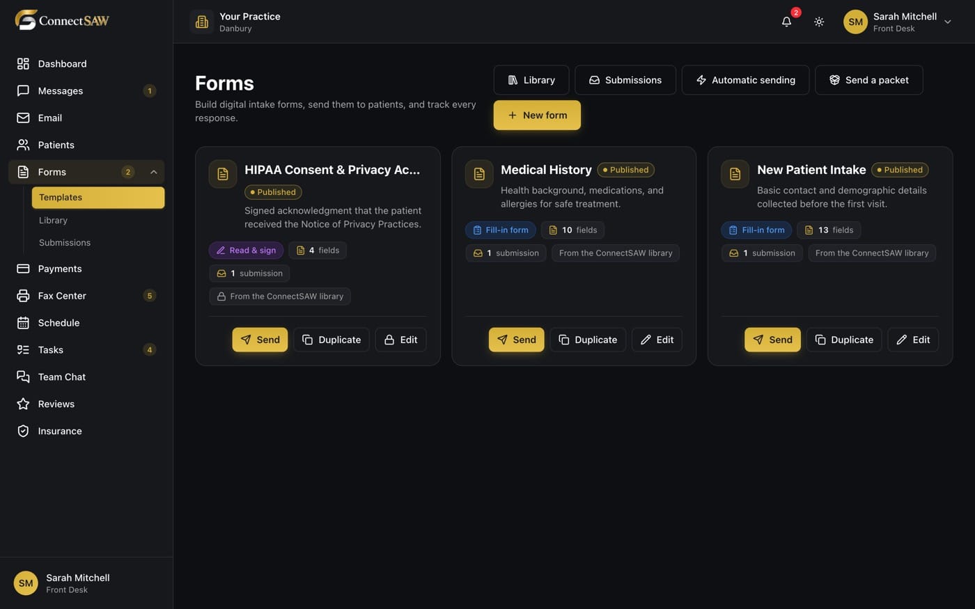 The ConnectSAW Forms screen shows three published templates: HIPAA Consent, Medical History and New Patient Intake. Each has its field count, submissions, and send, duplicate and edit actions.