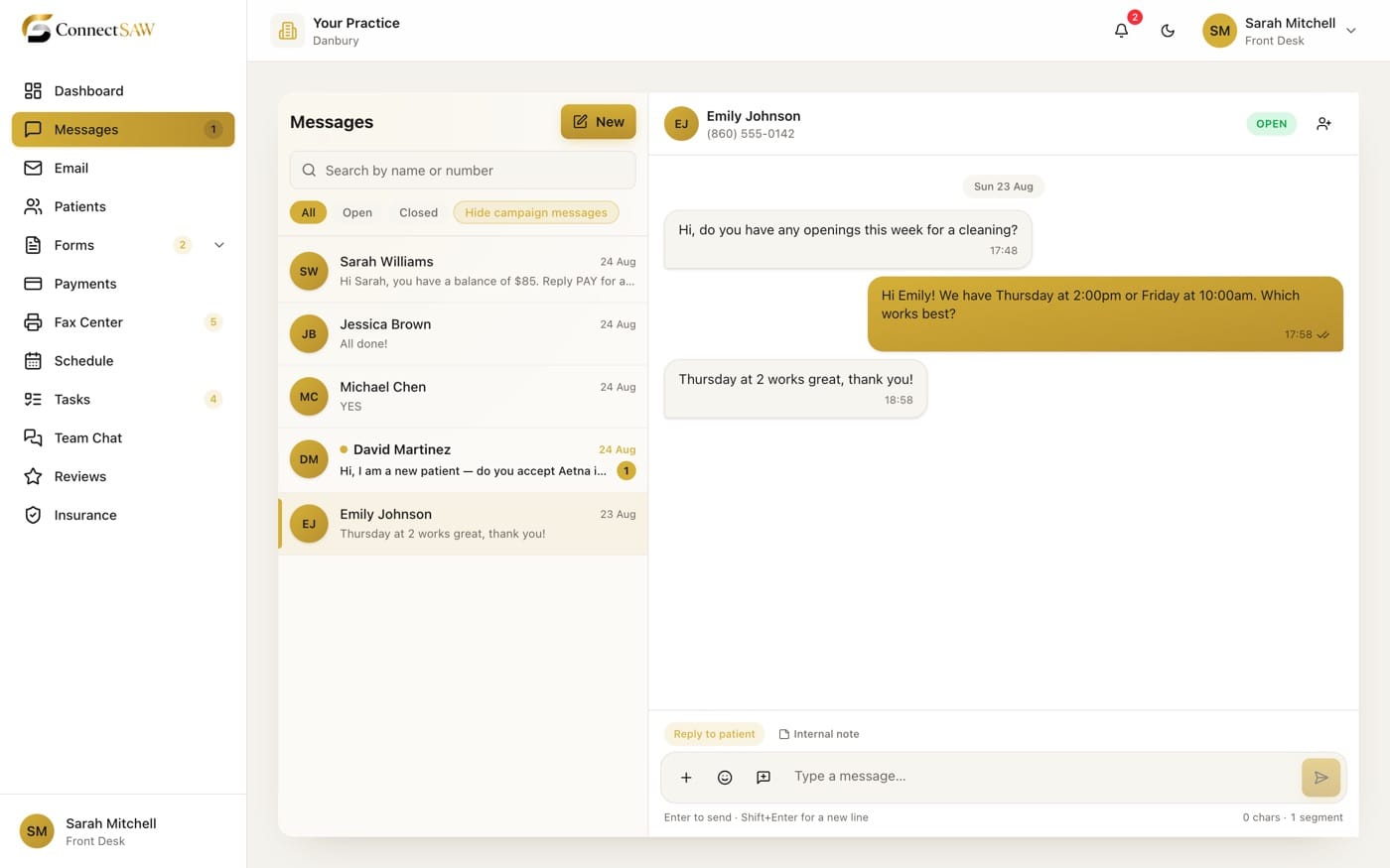 The ConnectSAW Messages inbox: five patient text threads on the left and an open conversation on the right, where a patient books Thursday at 2, with reply and internal-note tabs below.