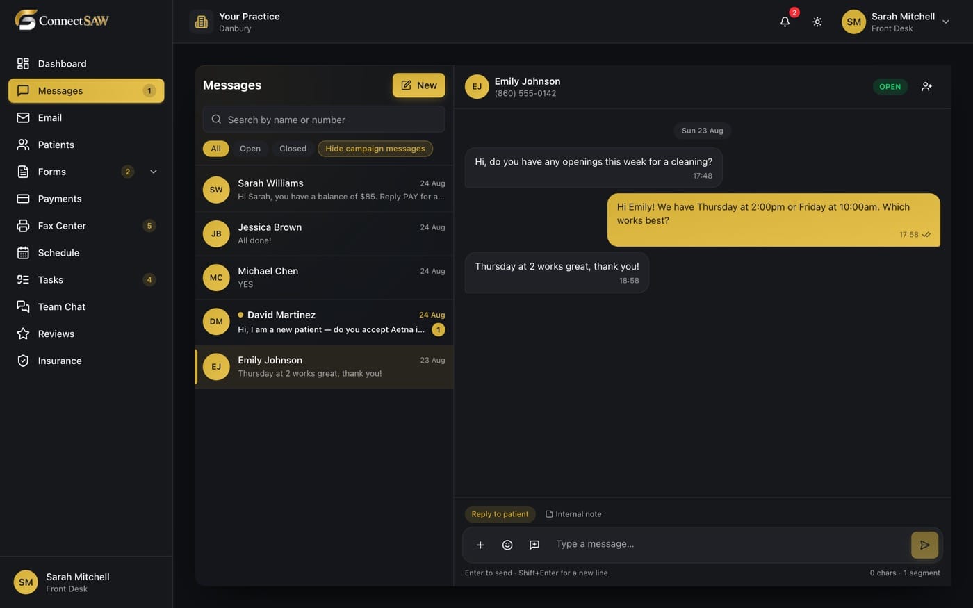 The ConnectSAW Messages inbox: five patient text threads on the left and an open conversation on the right, where a patient books Thursday at 2, with reply and internal-note tabs below.