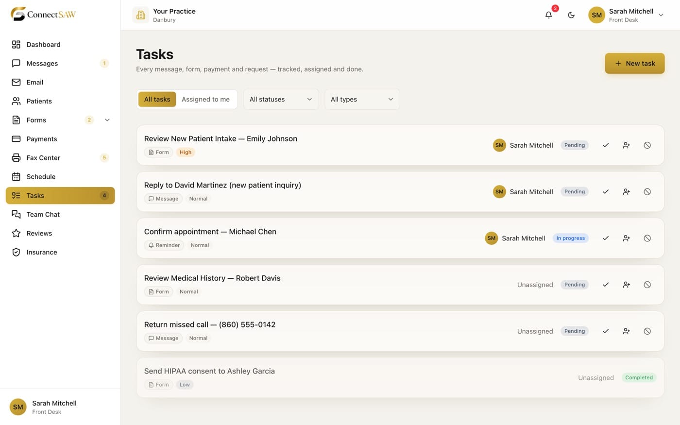 The ConnectSAW Tasks list: six tasks with type and priority tags, assignees and statuses, from reviewing a new-patient intake to returning a missed call.